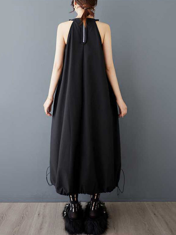 A-Line Loose Drawstring Pleated Pockets Solid Color Zipper Spaghetti-Neck Midi Dresses