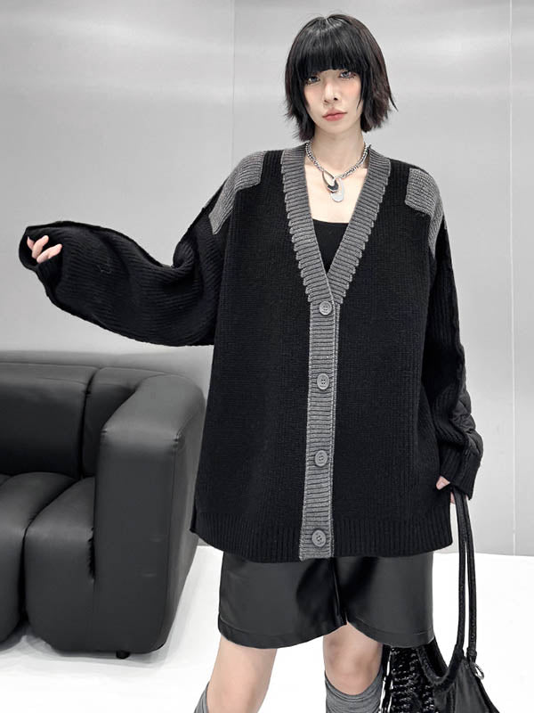 Long Sleeves Loose Buttoned Contrast Color Reversible Split-Joint Collarless Cardigan Tops Outerwear