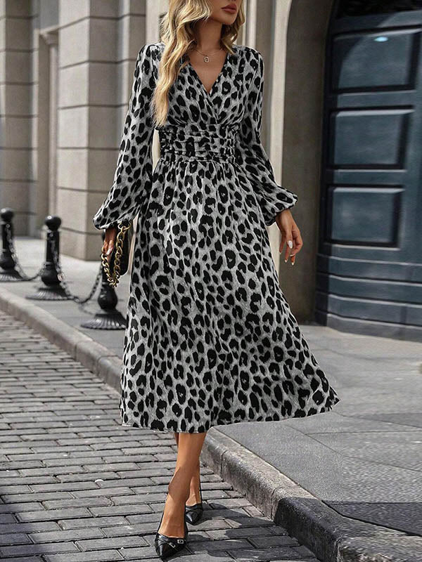 Elasticated Waist High Waisted Contrast Color Leopard Pleated Split-Joint V-Neck Maxi Dresses