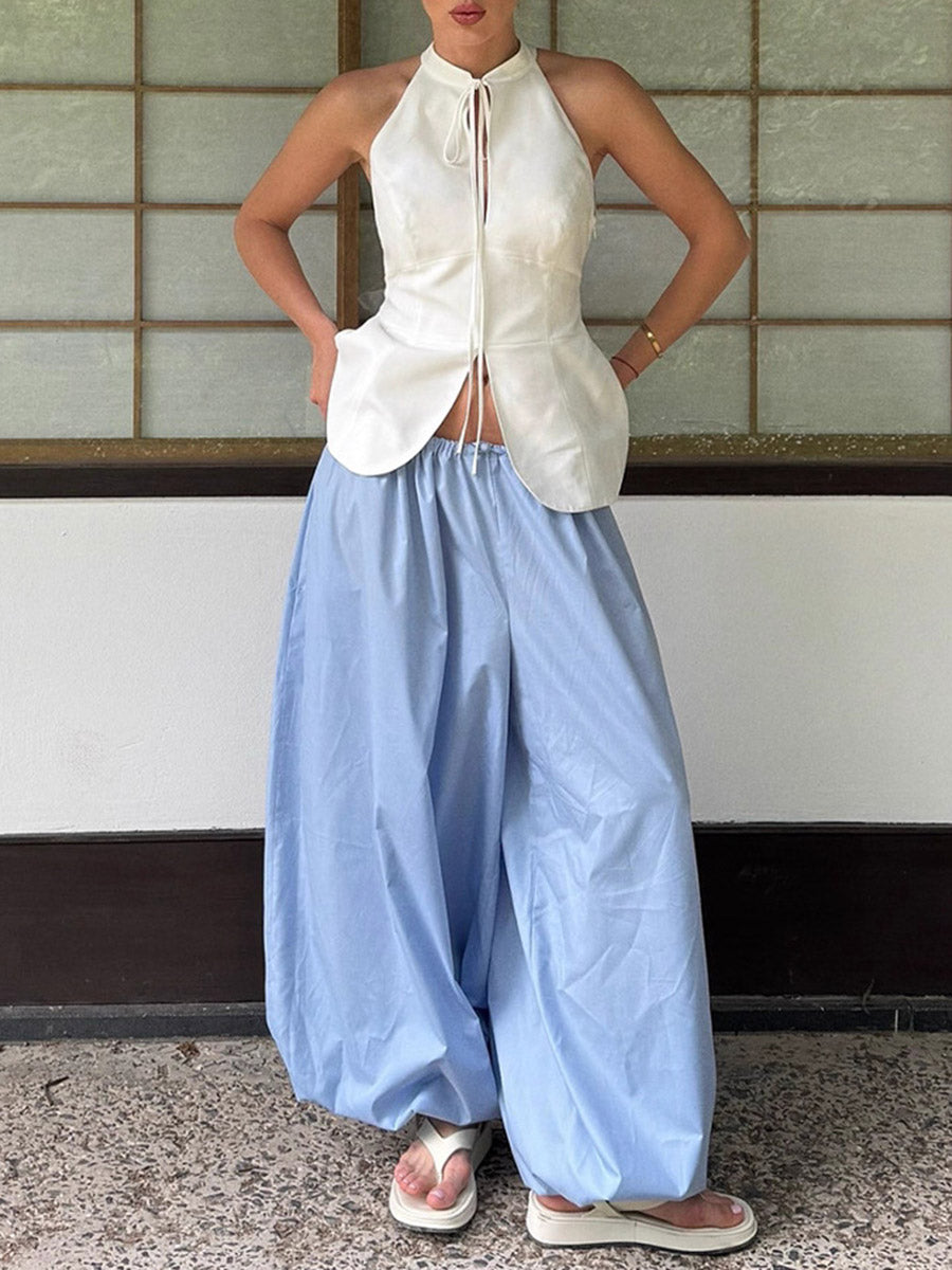 Elasticated Waist High Waisted Drawstring Pleated Solid Color Ankle-Tied Pants