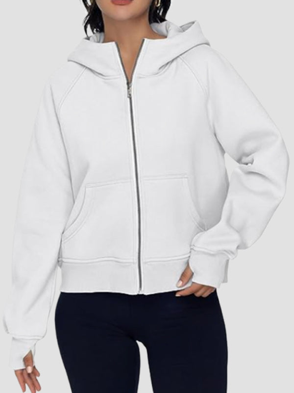 Hooded Long Sleeves Pockets Solid Color Zipper Jackets Outerwear