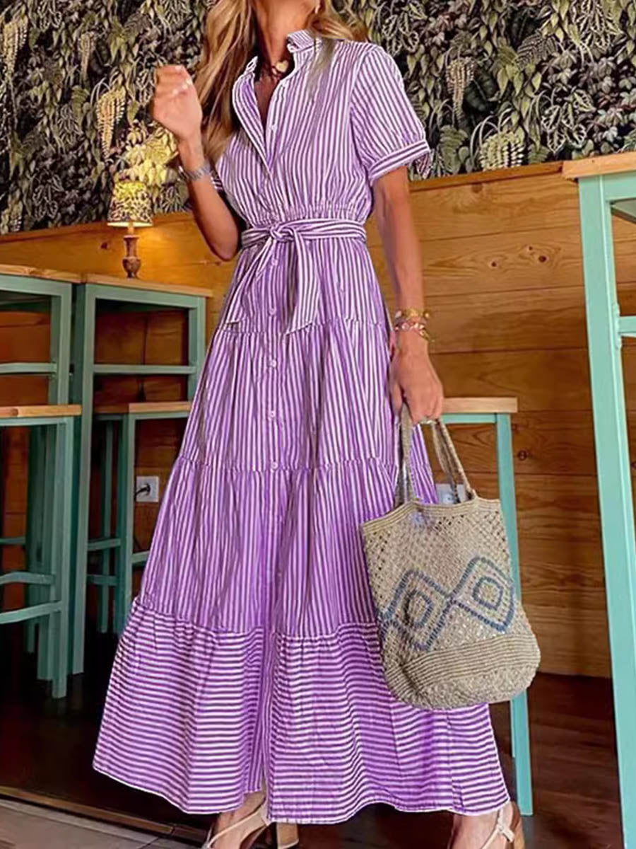 High Waisted Short Sleeves Buttoned Pleated Striped Tied Waist Lapel Maxi Dresses Shirt Dress