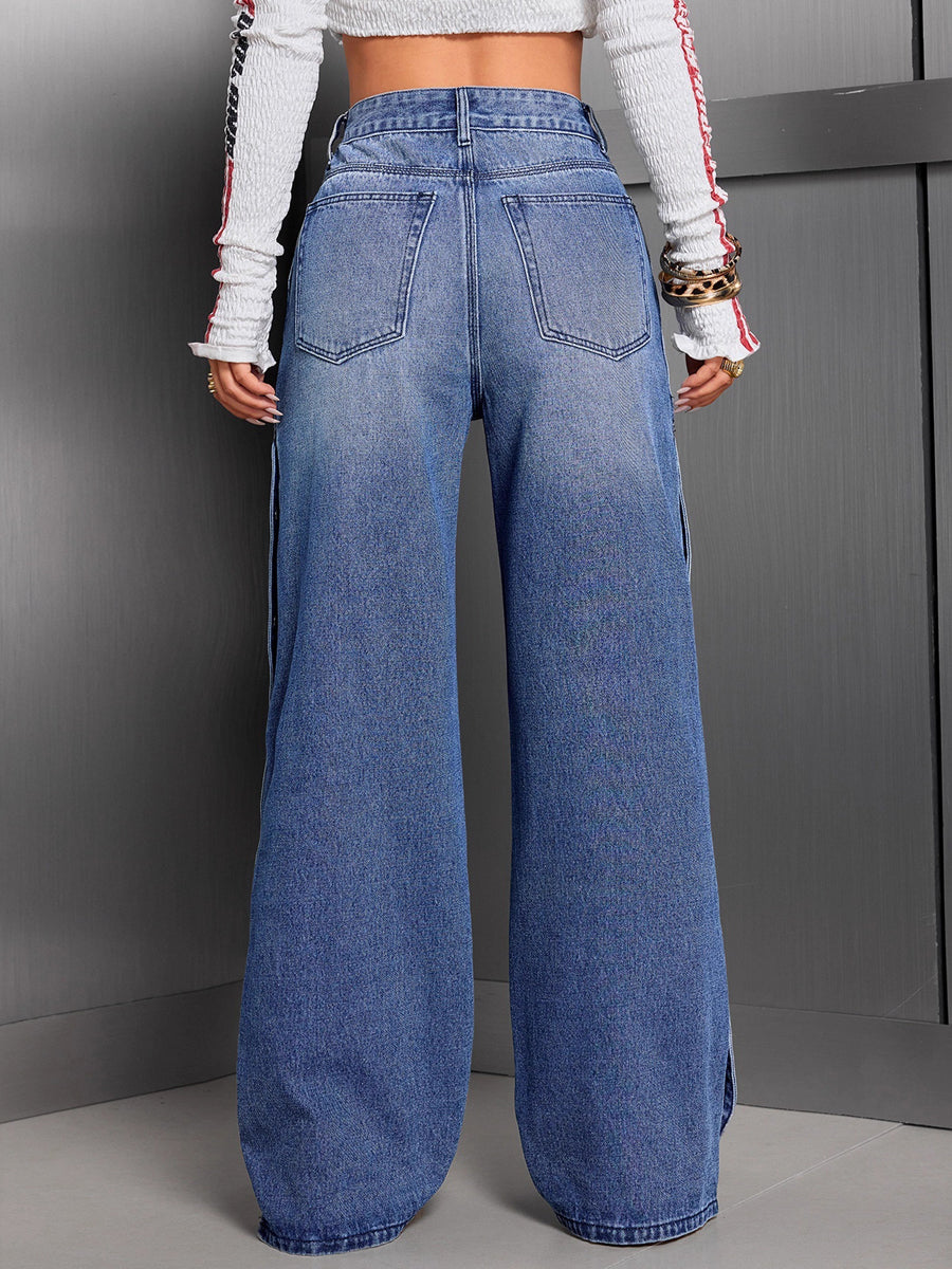 High Waisted Wide Leg Buttoned Pockets Solid Color Jean Pants Bottoms
