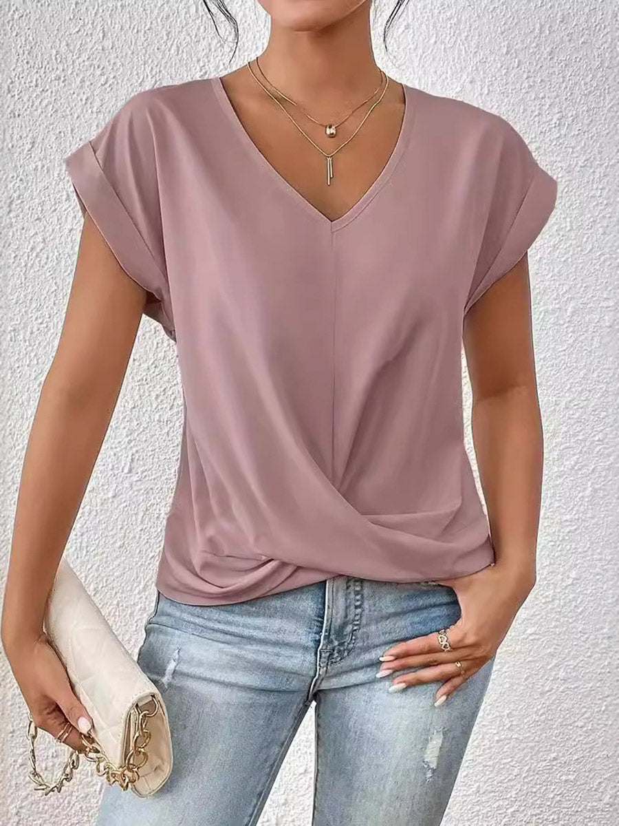 Loose Plus Size Pleated Solid Color V-Neck T-Shirts Tops