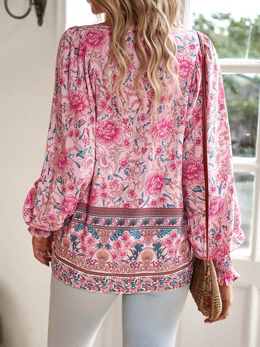 Long Sleeves Loose Contrast Color Drawstring Flower Print Pleated Split-Joint V-Neck Blouses&Shirts Tops