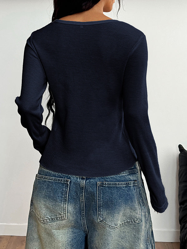 Long Sleeves Skinny Buttoned Solid Color Round-Neck Blouses&Shirts Tops