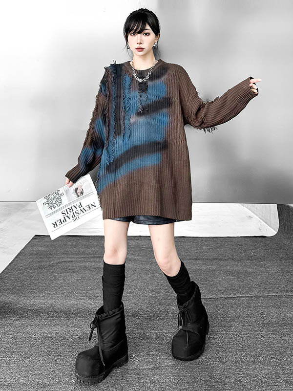 Irregularity Long Sleeves Abstract Printed Asymmetric Contrast Color Split-Joint Tasseled Round-Neck Sweater Tops