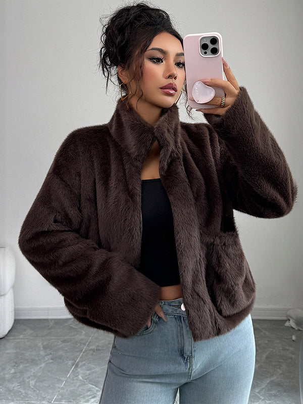 Long Sleeves Loose Pockets Solid Color Zipper Stand Collar Outerwear Sweater Tops