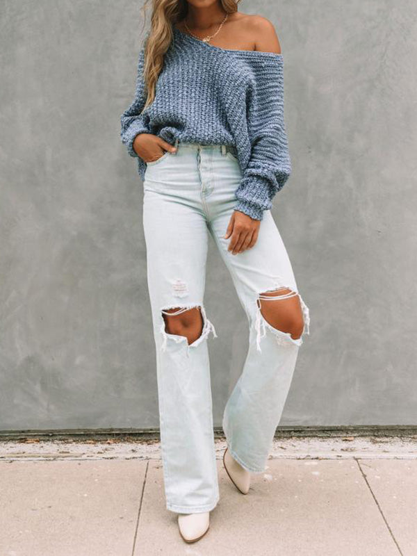 Long Sleeves Loose Solid Color V-Neck Knitwear Pullovers Sweater Tops
