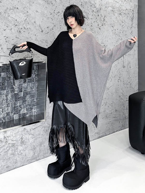 Batwing Sleeves Irregularity Asymmetric Contrast Color Split-Joint Textured V-Neck Sweater Tops