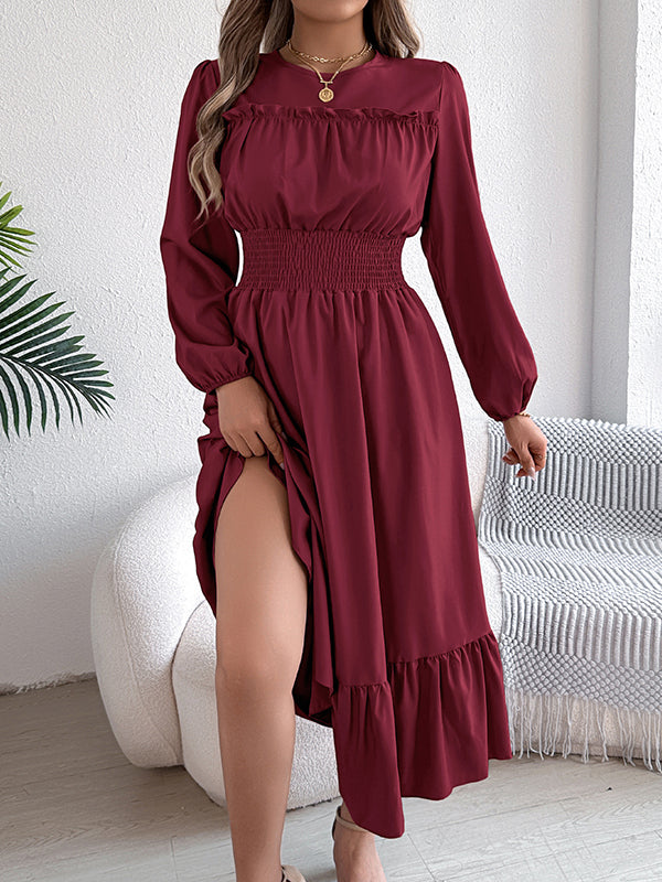 A-Line Elasticated Waist Pleated Solid Color Round-Neck Maxi Dresses