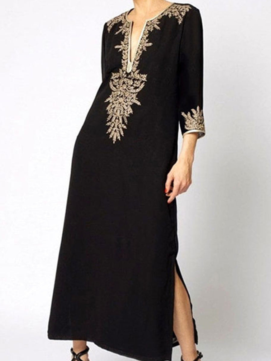Loose Three-Quarter Sleeves Contrast Color Printed Split-Joint Split-Side V-Neck Maxi Dresses