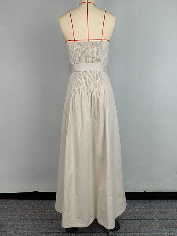 A-Line Loose Belted Buttoned Pockets Tube Maxi Dresses