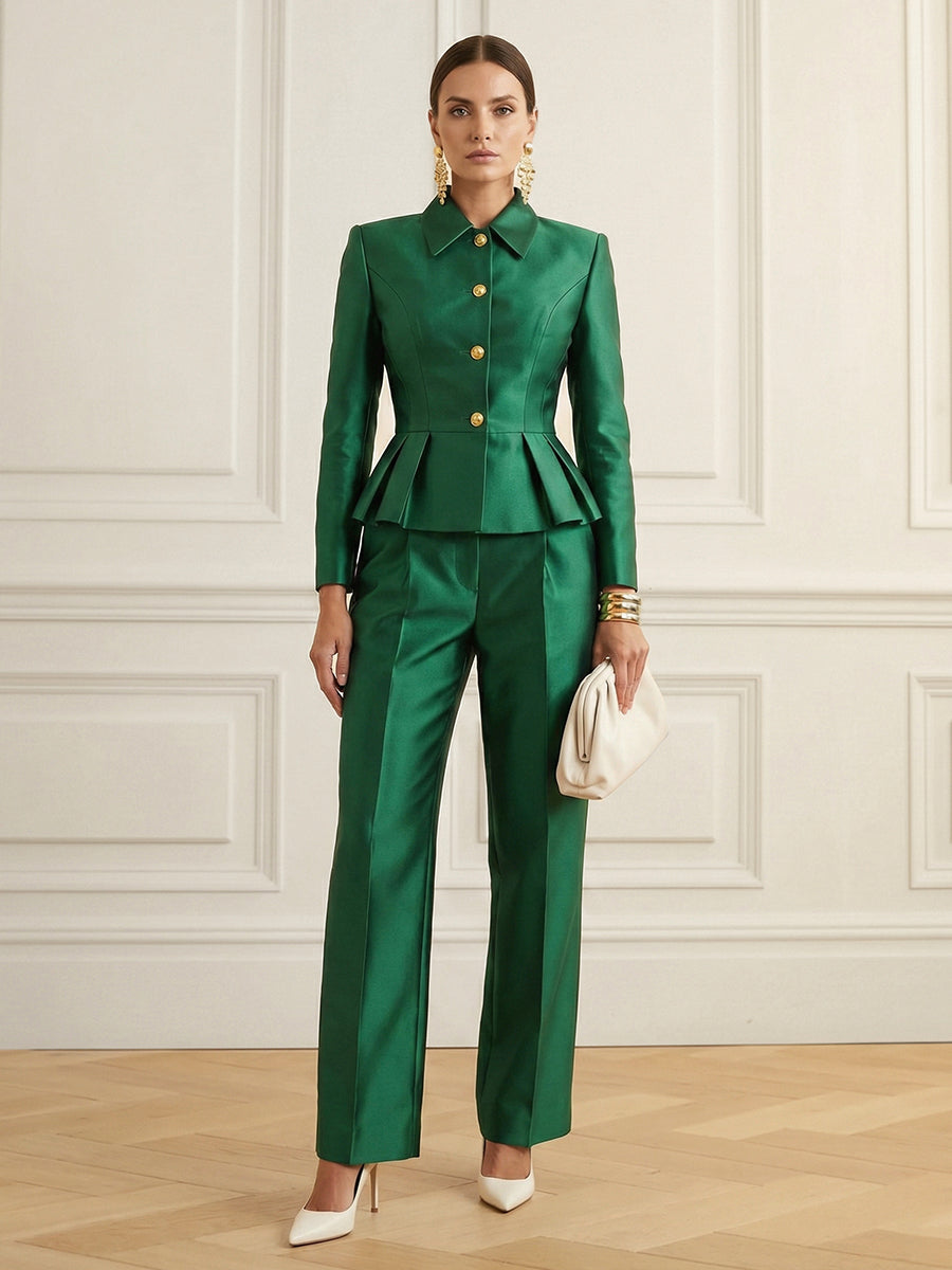 Elasticated Waist High Waisted Buttoned Contrast Color Ruffled Split-Joint Lapel Blazer Blouses&Shirts Tops