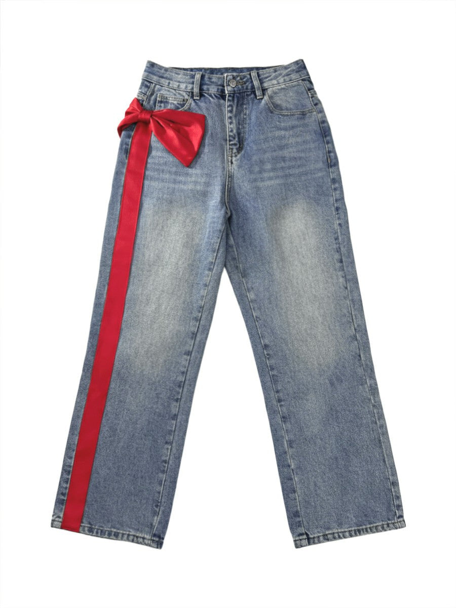 Wide Leg Bow-Embellished Contrast Color Jean Pants Bottoms