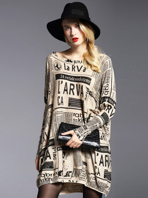 Vintage Loose One-Shoulder Newspaper Printed Split-Joint Sweater
