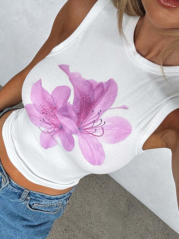 Skinny Sleeveless Flower Print Round-Neck Vest Top