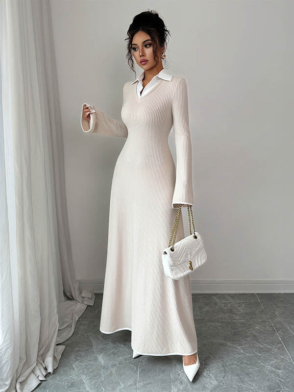 Bodycon False Two Ribbed Knit Split-Joint Lapel Maxi Dresses Sweater Dresses