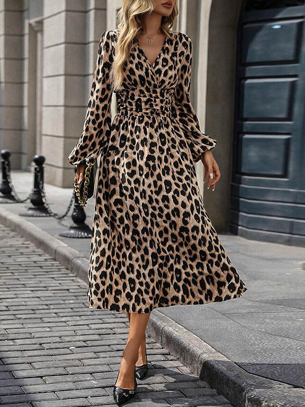 Elasticated Waist High Waisted Contrast Color Leopard Pleated Split-Joint V-Neck Maxi Dresses