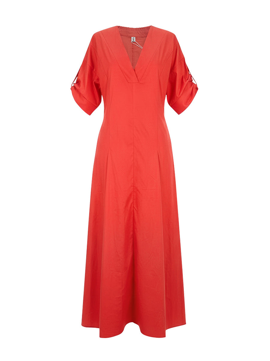 A-Line High Waisted Pleated Solid Color V-Neck Maxi Dresses Shirt Dress