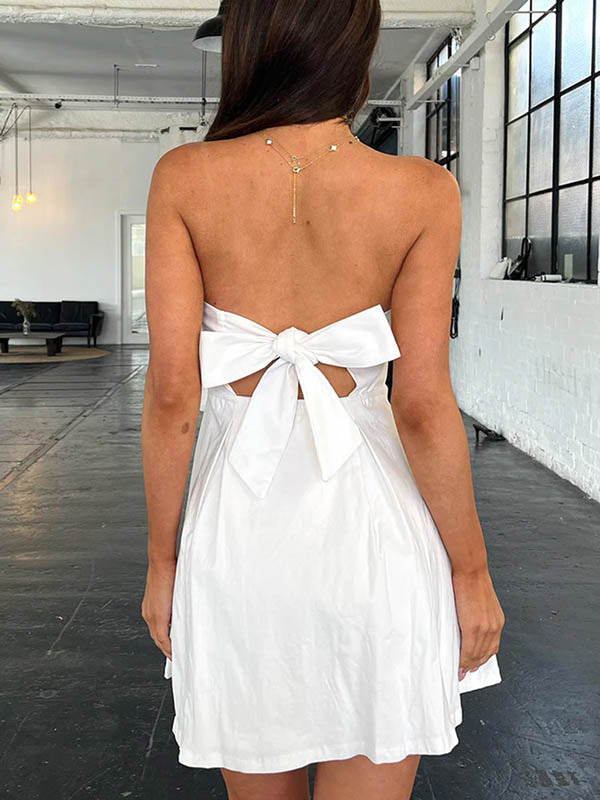 A-Line Loose Backless Pleated Solid Color Split-Joint Tied Tube Mini Dresses