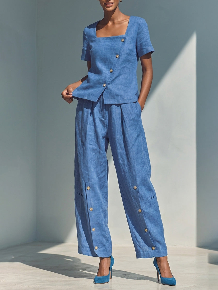 Loose Short Sleeves Buttoned Solid Color Square-Neck Blouses&Shirts Tops
