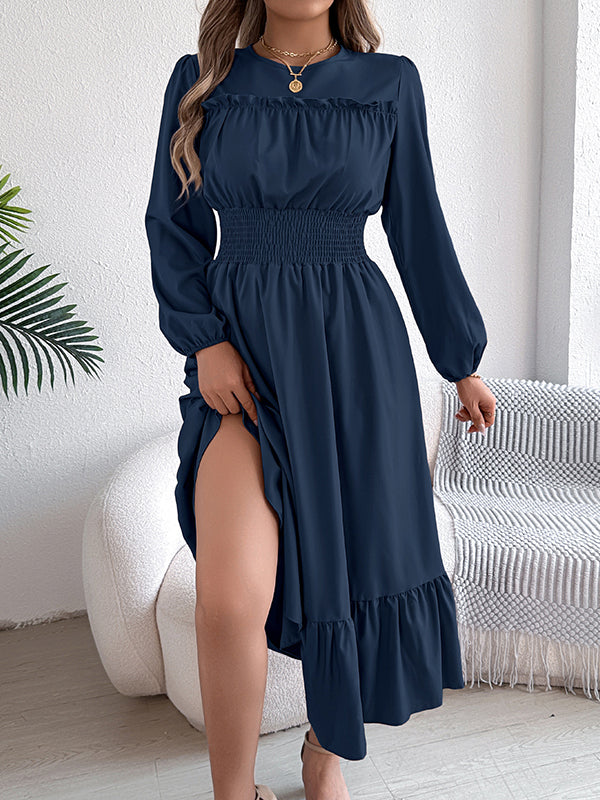 A-Line Elasticated Waist Pleated Solid Color Round-Neck Maxi Dresses