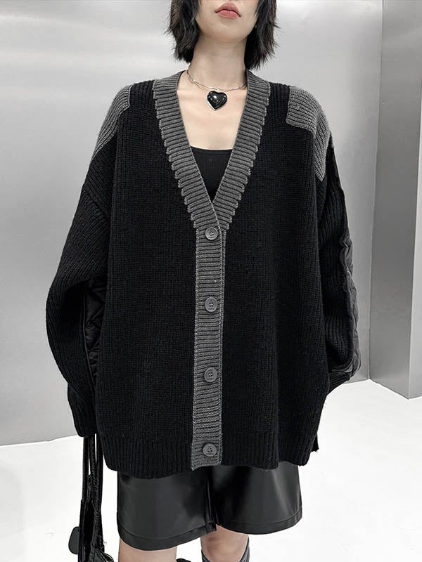 Long Sleeves Loose Buttoned Contrast Color Reversible Split-Joint Collarless Cardigan Tops Outerwear