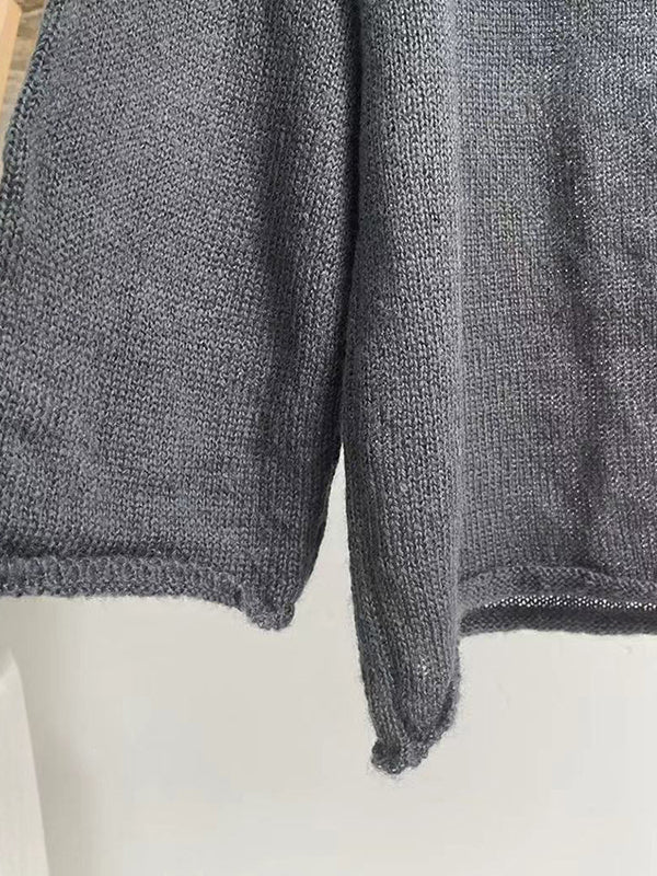 Long Sleeves Loose See-Through Solid Color Split-Joint Round-Neck Sweater Tops