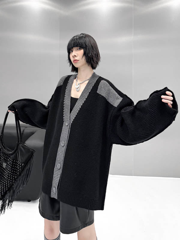 Long Sleeves Loose Buttoned Contrast Color Reversible Split-Joint Collarless Cardigan Tops Outerwear