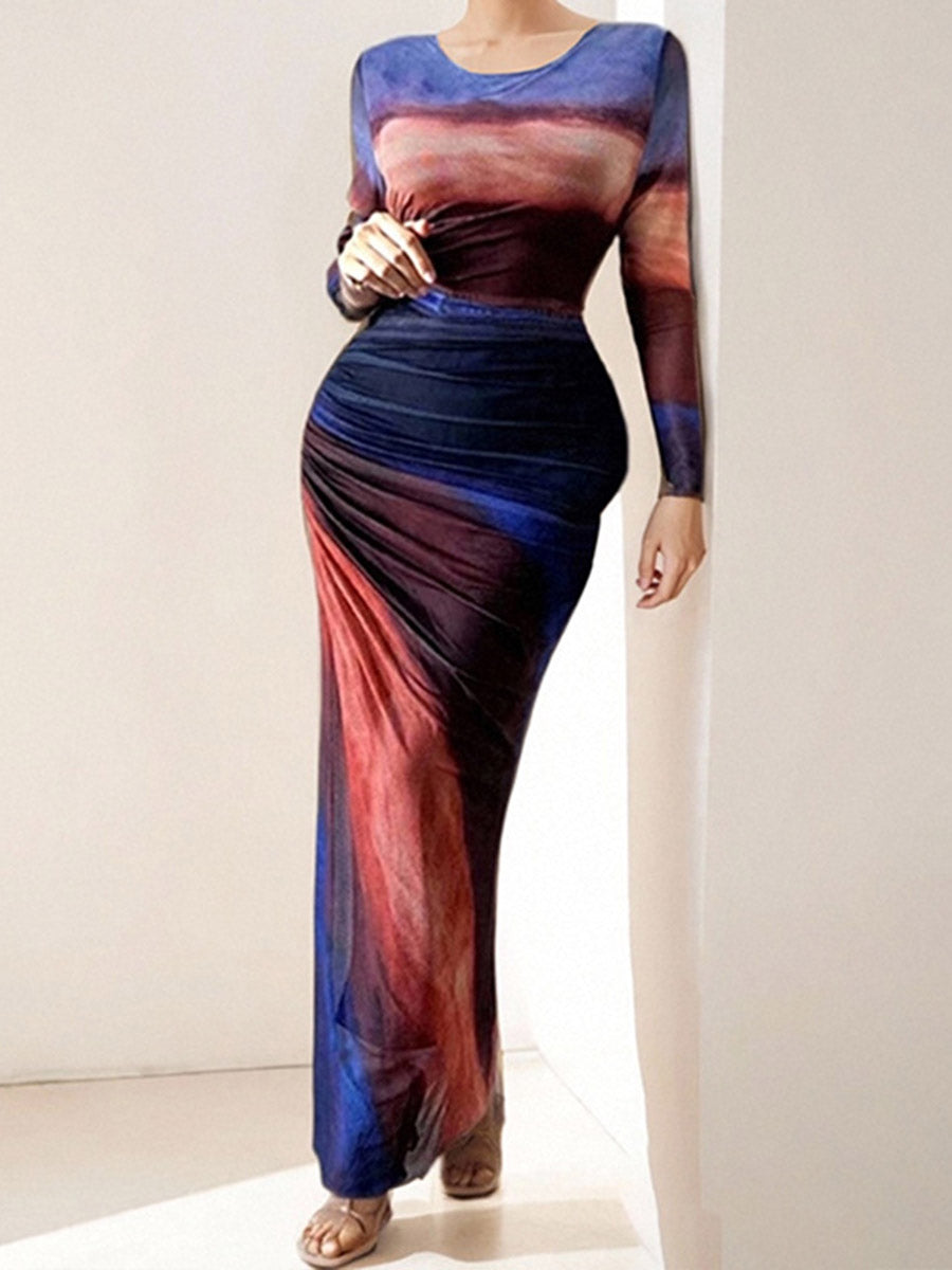 Bodycon High Waisted Contrast Color Pleated Printed Split-Joint Round-Neck Maxi Dresses