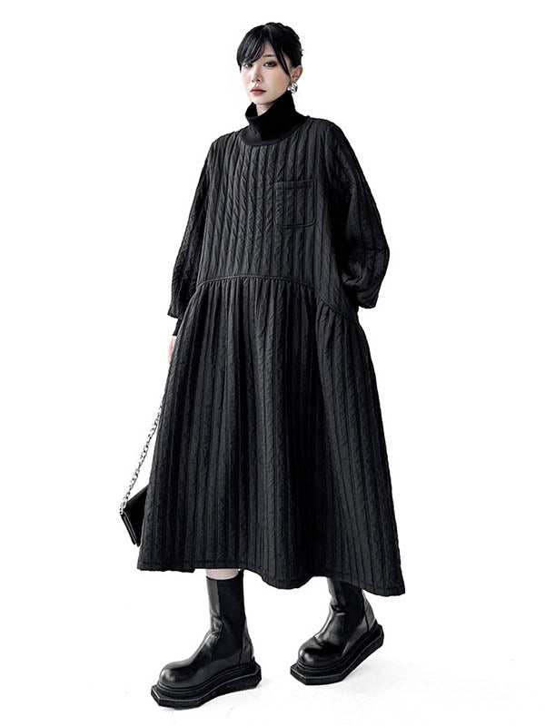A-Line Long Sleeves Embossed Pockets Quilted Solid Color Split-Joint High Neck Midi Dresses Sweater Dresses