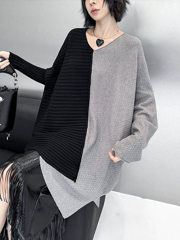 Batwing Sleeves Irregularity Asymmetric Contrast Color Split-Joint Textured V-Neck Sweater Tops