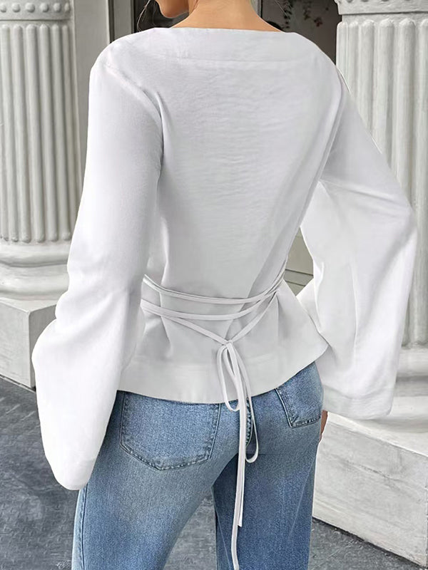 Elasticated Waist Flared Sleeves Solid Color Split-Joint Tied Waist Round-Neck T-Shirts Tops