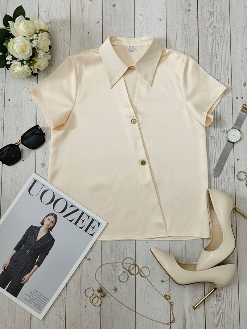 Short Sleeves Buttoned Solid Color Lapel Blouses&Shirts Tops