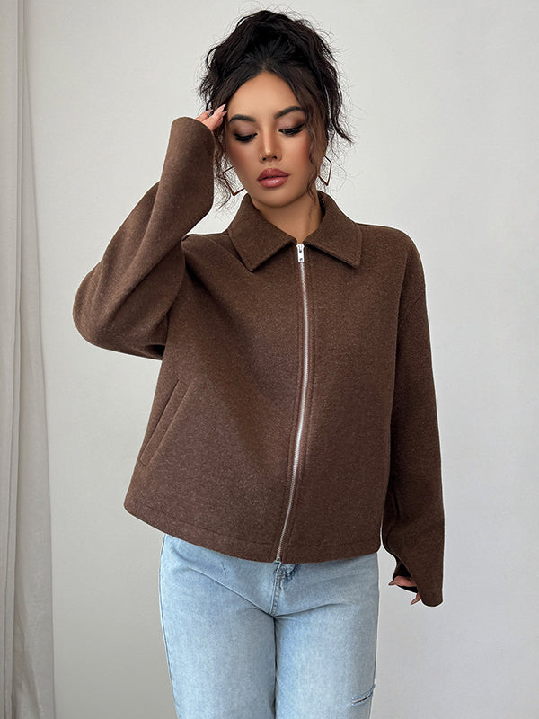 Long Sleeves Loose Solid Color Zipper Lapel Outerwear