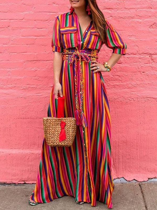 Long Sleeves Loose Split-Joint Striped Lapel Maxi Dresses Shirt Dress