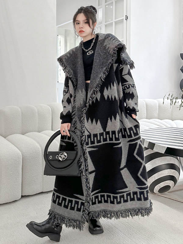 Long Sleeves Loose Contrast Color Geometric Split-Joint Tasseled Lapel Outerwear Overcoat