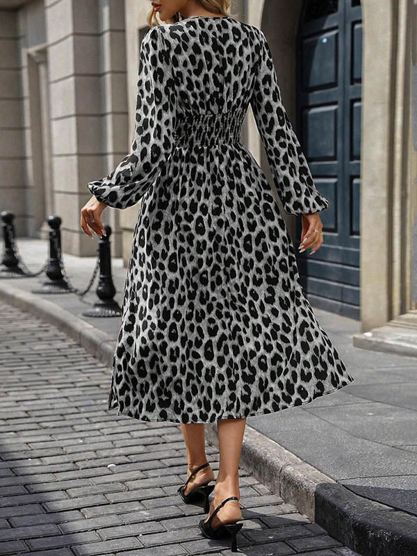 Elasticated Waist High Waisted Contrast Color Leopard Pleated Split-Joint V-Neck Maxi Dresses