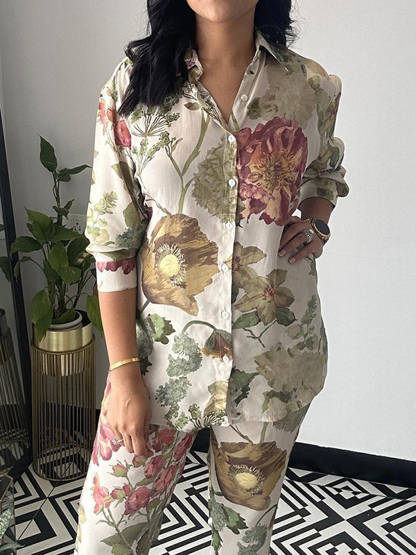 Long Sleeves Buttoned Flower Print Lapel Shirts Top + Ninth Pants Pants Bottom Two Pieces Set