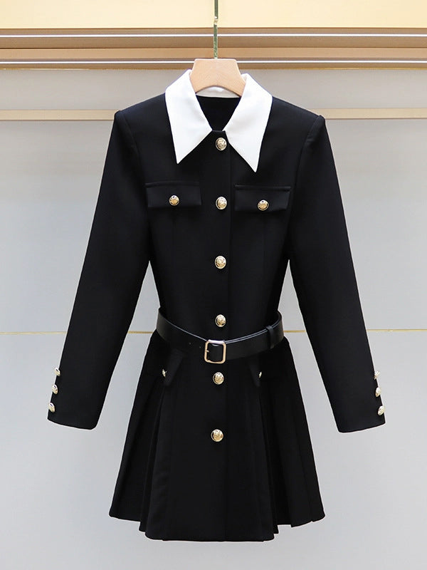 Elasticated Waist Long Sleeves Belted Buttoned Contrast Color Pleated Single-Breasted Lapel Mini Dresses Shirt Dress