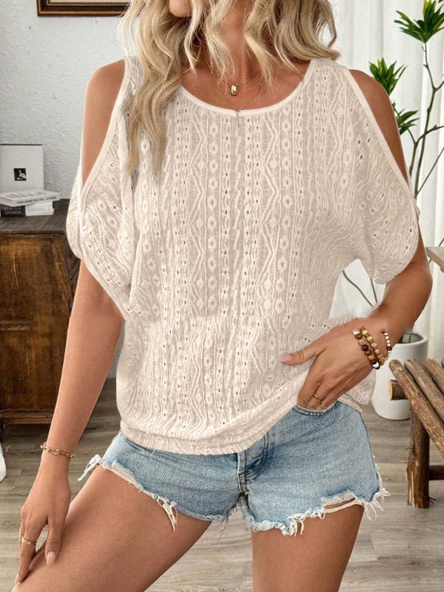 Loose Short Sleeves Solid Color Split-Joint Textured Cold Shoulder Blouses&Shirts Tops