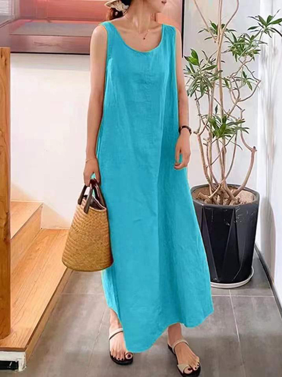 A-Line Loose Pockets Solid Color Split-Joint Square-Neck Maxi Dresses