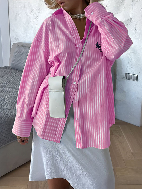 Long Sleeves Loose Buttoned Pockets Striped Lapel Blouses&Shirts Tops