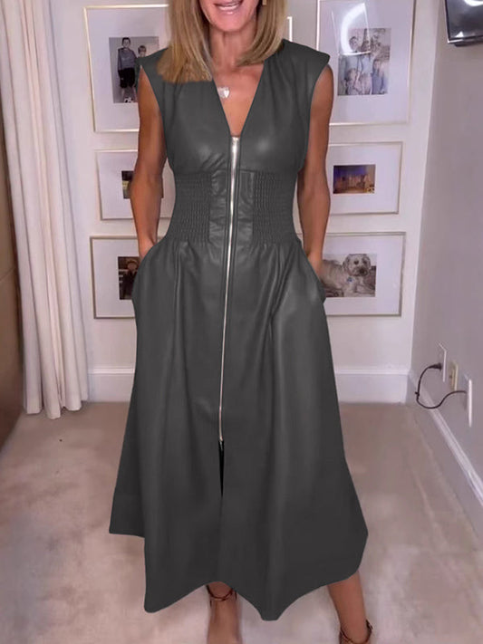 A-Line Elasticated Waist Pockets Solid Color Split-Joint Zipper V-Neck Midi Dresses