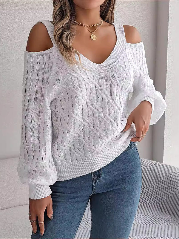 Long Sleeves Loose Cable Knit Solid Color Cold Shoulder Sweater Tops