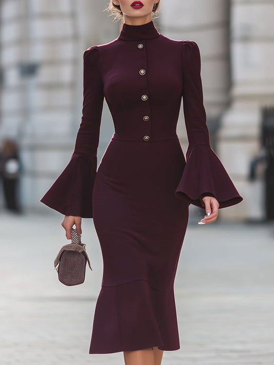 Bodycon Flared Sleeves Buttoned Solid Color High Neck Midi Dresses