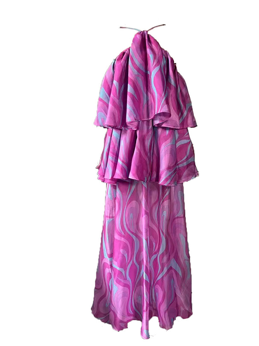 Sleeveless Backless Printed Ruffled Halter-Neck Maxi Dresses