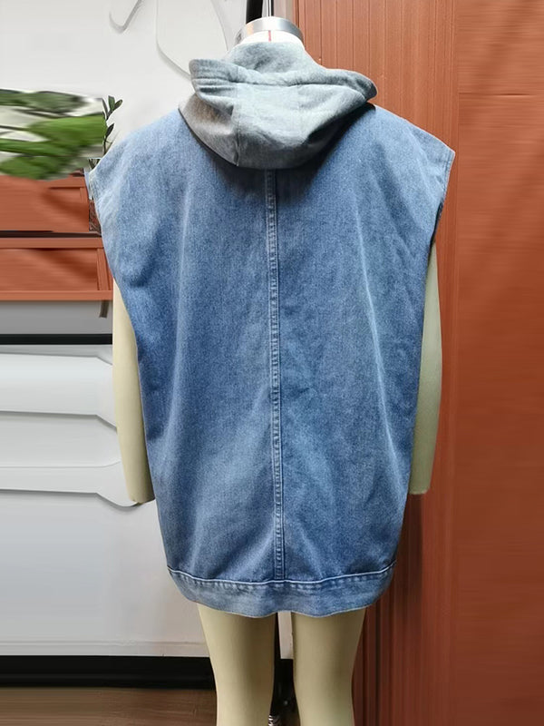 Loose Sleeveless Buttoned Detachable Hooded Pockets Split-Joint Lapel Collar Vest Outerwear