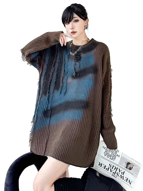 Irregularity Long Sleeves Abstract Printed Asymmetric Contrast Color Split-Joint Tasseled Round-Neck Sweater Tops